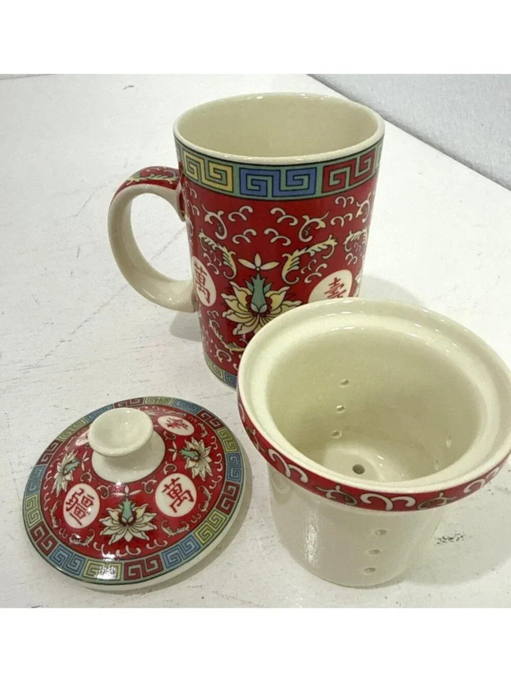 World Market Loose Tea Infuser Mug Ceramic 3 pcs Asian Oriental Red